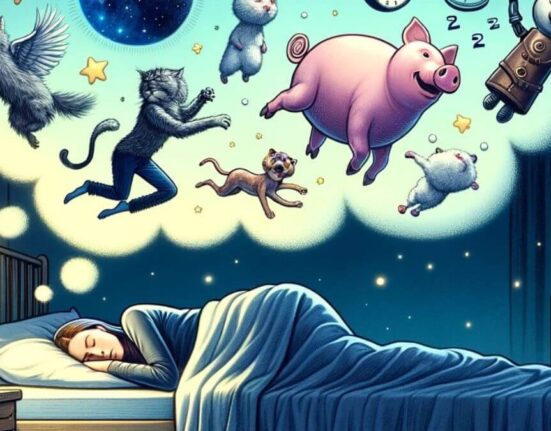 An illustration of a woman sleeping in bed with a dream bubble above her head filled with whimsical and absurd dream images, including flying cats, a pink pig, and other fantastical creatures.