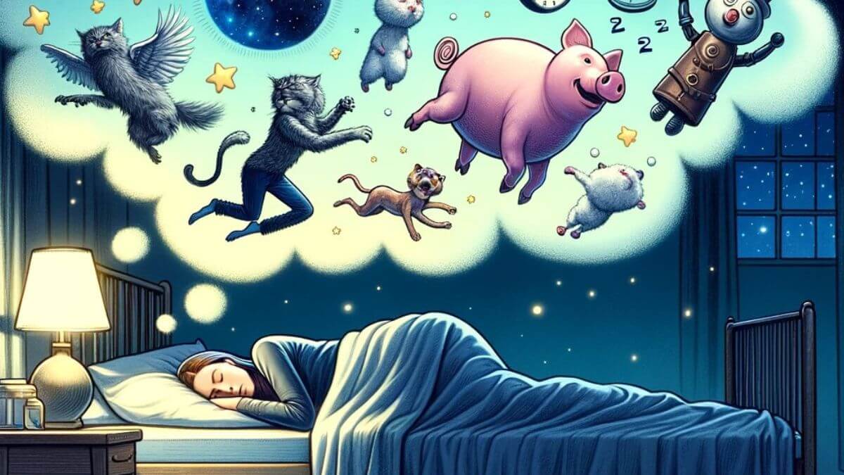 An illustration of a woman sleeping in bed with a dream bubble above her head filled with whimsical and absurd dream images, including flying cats, a pink pig, and other fantastical creatures.