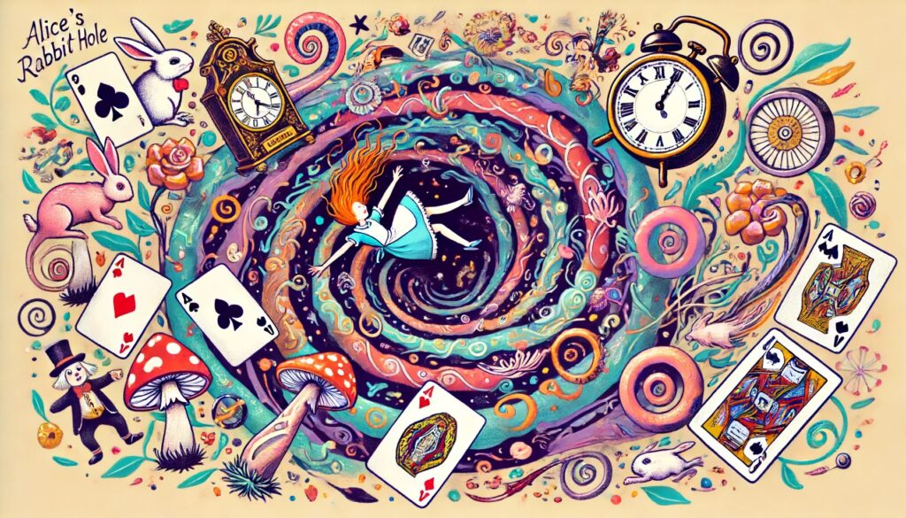 An illustration of a person falling down a rabbit hole, surrounded by swirling fantastical elements such as floating clocks, playing cards, curious creatures, and twisting pathways. The rabbit hole is a spiral of vibrant colors, leading into a magical, dreamy world. The person appears excited and amazed, with their hair and clothes flowing as they fall.