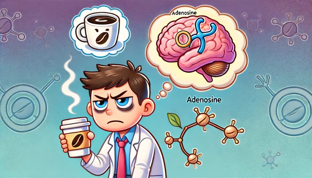 A colorful and humorous illustration depicting caffeine dependency. The image shows a tired and irritable person holding an empty coffee cup, with a thought bubble showing a steaming cup of coffee. In the background, a brain is highlighted with adenosine receptors, representing the scientific aspect of caffeine tolerance.