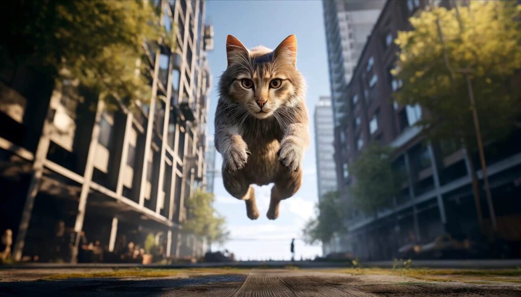 A cat falling through the air and landing gracefully on its feet.