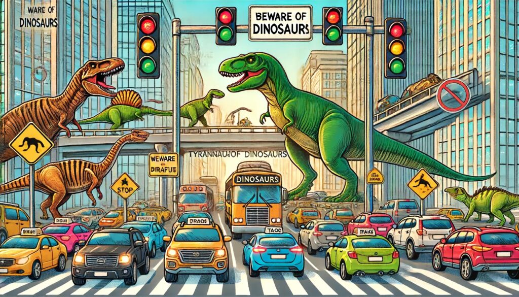 Colorful illustration depicting chaotic traffic in a city with a Tyrannosaurus Rex crossing the street, causing cars to stop. Tall traffic lights and 'Beware of Dinosaur' signs are visible, with urban infrastructure adapted for dinosaurs.