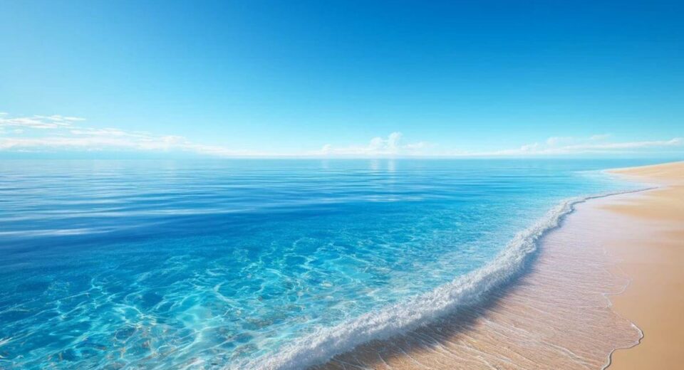 A pristine beach with crystal clear water under a bright blue sky, creating a serene and inviting scene.