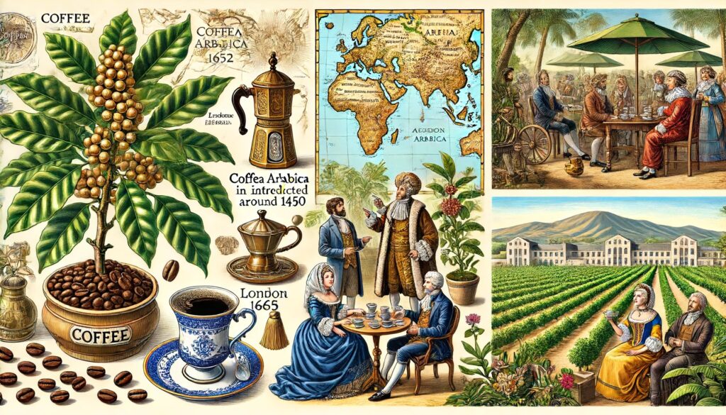 An illustration depicting the history of coffee, showing the Coffea arabica plant in Ethiopia, its journey to Arabia around 1450, coffee's introduction in England in 1652 by a Turkish merchant, a Parisian scene in 1669 with elegant porcelain cups and golden fringed napkins, and modern coffee plantations in Brazil.