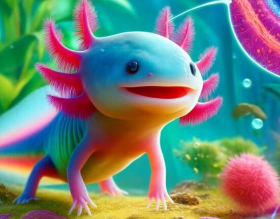 A vibrant, colorful axolotl with bright pink gills and a cheerful expression, swimming in clear water.