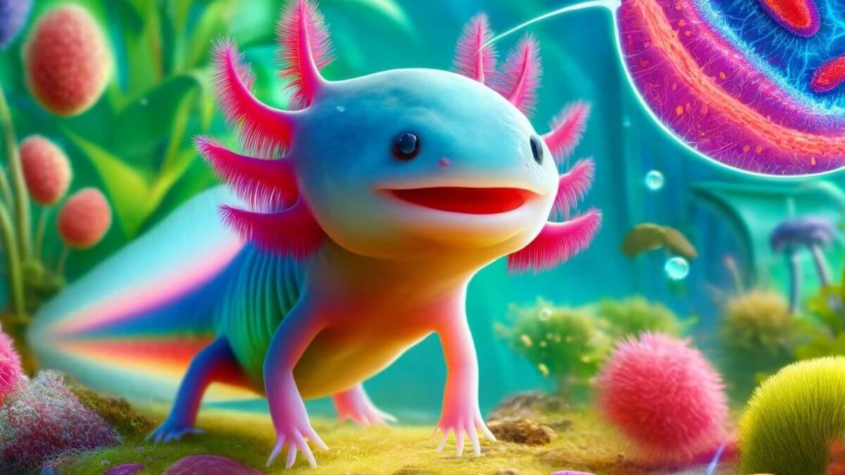 A vibrant, colorful axolotl with bright pink gills and a cheerful expression, swimming in clear water.