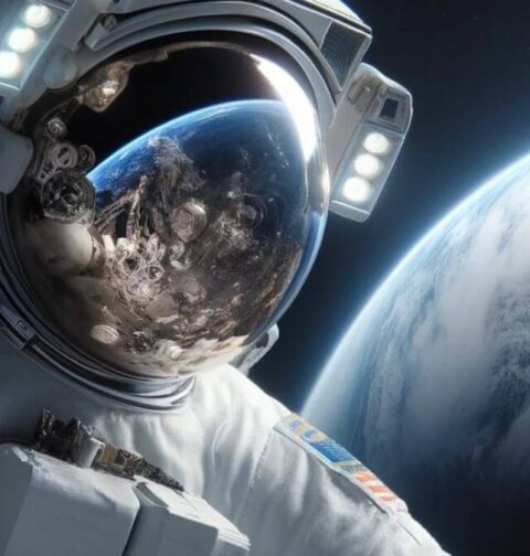 An astronaut floating in the vast expanse of space with Earth visible in the background, surrounded by stars.