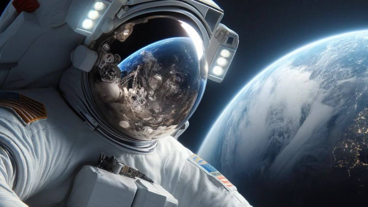 An astronaut floating in the vast expanse of space with Earth visible in the background, surrounded by stars.