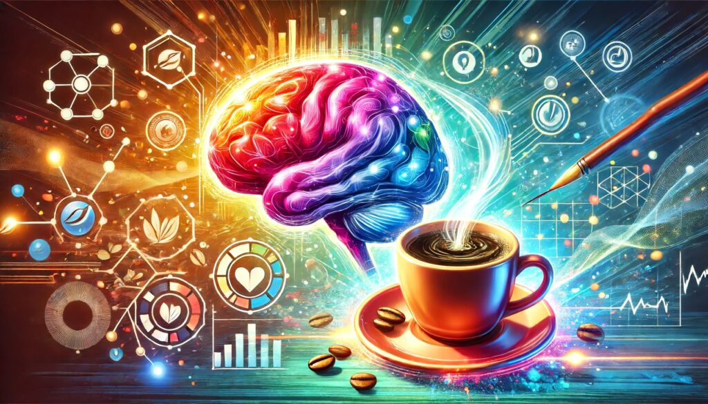 A colorful illustration showing the effects of caffeine on the brain. The image features a hot cup of coffee with steam rising, symbolizing caffeine intake. In the background, a vibrant brain is depicted with highlighted areas showing activity and connections, including icons for alertness, mood enhancement, and energy.