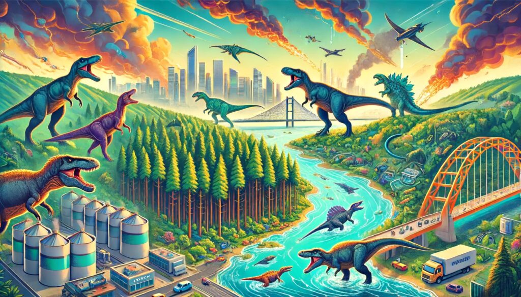 Colorful illustration depicting the environmental impacts of dinosaurs in a modern setting, with herbivorous dinosaurs devouring a forest, aquatic dinosaurs dominating a river, and a city adapted to coexist with dinosaurs using advanced environmental monitoring systems.