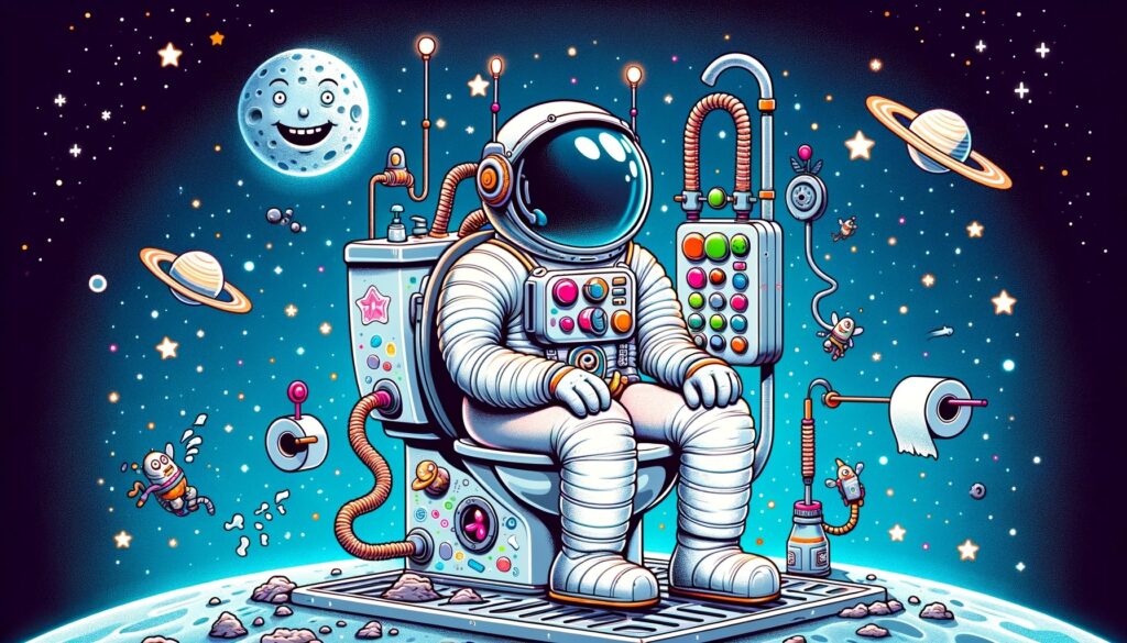 A funny illustration of an astronaut in a space suit sitting on a high-tech toilet in space, with a comical expression and floating slightly above the seat due to zero gravity. The toilet features colorful buttons and quirky attachments. The background includes stars, a smiling moon, a whimsical view of Earth, floating toilet paper, and playful space creatures.