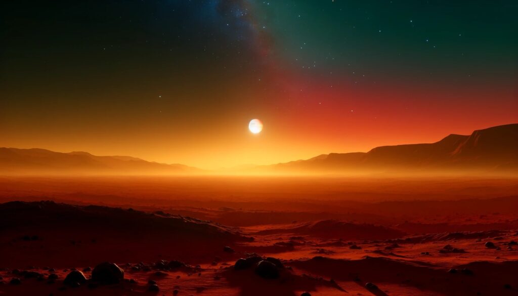 A realistic image of the Martian landscape during sunset, showing red and dusty terrain with iron oxide soil. The sky has a reddish hue with a gradient transitioning from yellowish to brownish tones and the sun low on the horizon.