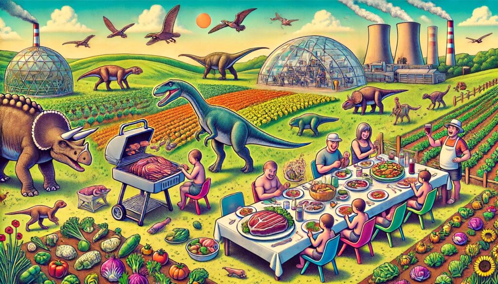 Colorful illustration depicting a prehistoric diet in a modern setting, including a family barbecue with Brontosaurus steaks, a breakfast table with Velociraptor eggs, and herbivorous dinosaurs competing with vegetarians for fresh vegetables in a garden.