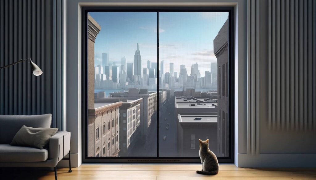 A highly realistic, 4k image of a protective screen on an apartment window designed to keep cats safe. The screen is securely installed, covering the entire window, with a clear view of an urban cityscape in the background. A curious cat sits on the window sill, looking out through the protective screen, which is durable and fine enough to prevent even small cats from slipping through.