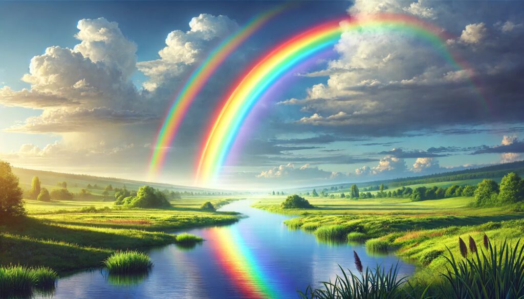 A realistic image of a vivid rainbow arching across the sky after a rain shower, with a clear blue sky, white clouds, lush green fields, and a serene lake reflecting the rainbow.