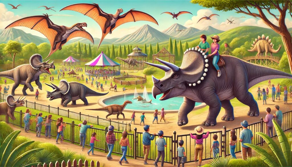 Colorful illustration of a real-life dinosaur park featuring visitors riding on the backs of Triceratops, Pterodactyl acrobatic shows, advanced safety measures like electric fences, and various herbivorous dinosaurs walking around.