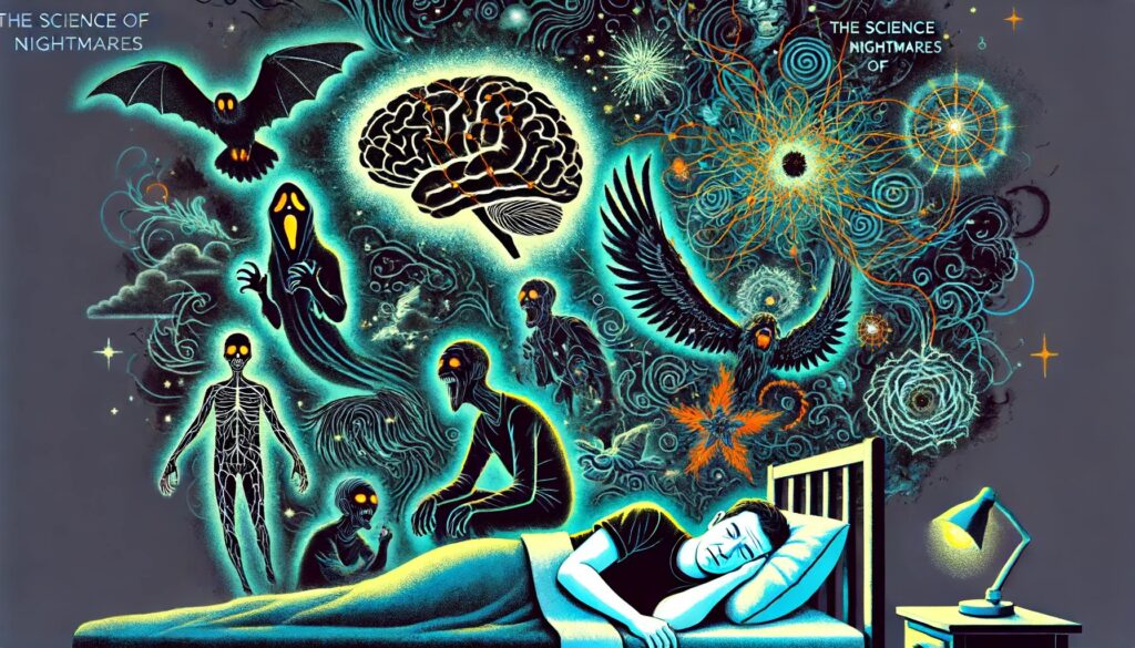 An illustration of a person sleeping in bed with a troubled expression, surrounded by shadowy, nightmare-like elements such as ghostly figures, creepy creatures, and swirling dark clouds emerging from their head. Above the bed, the brain is depicted with glowing neural connections, illustrating the brain's activity during nightmares.