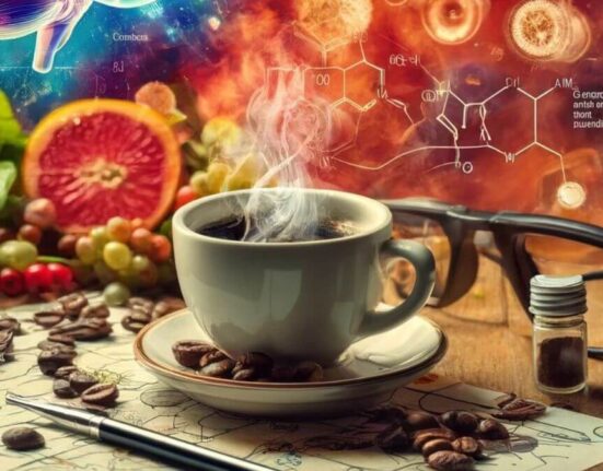 A cup of coffee with a surreal background showing molecular structures, neurons, and waves, illustrating the chemical aspects behind sleep.