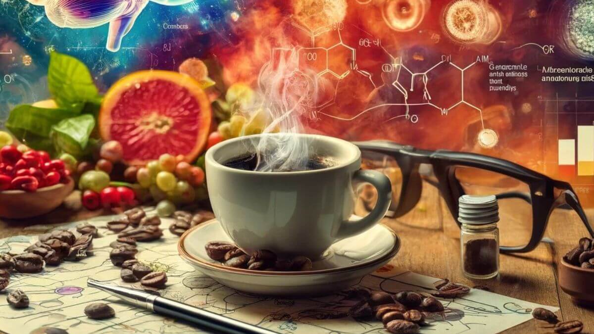 A cup of coffee with a surreal background showing molecular structures, neurons, and waves, illustrating the chemical aspects behind sleep.