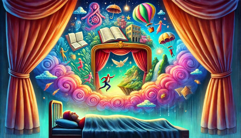 An illustration depicting a person sleeping peacefully in a bed with a dreamlike scene unfolding above their head. The scene includes a theater stage with curtains, floating islands, flying books, and whimsical characters like talking animals and flying people, all bathed in a magical glow.