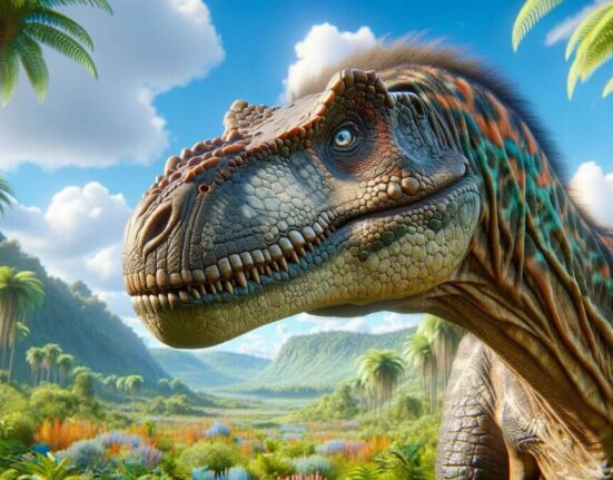 An ultra-realistic 4K image of a dinosaur with detailed textures and lifelike colors, standing in a lush prehistoric landscape with vibrant vegetation under a clear blue sky.