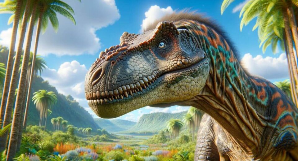 An ultra-realistic 4K image of a dinosaur with detailed textures and lifelike colors, standing in a lush prehistoric landscape with vibrant vegetation under a clear blue sky.