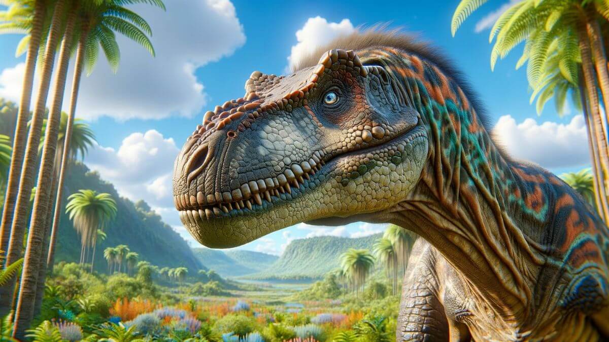 An ultra-realistic 4K image of a dinosaur with detailed textures and lifelike colors, standing in a lush prehistoric landscape with vibrant vegetation under a clear blue sky.