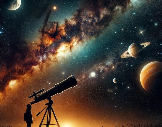 A telescope pointing at a starry sky, representing astronomy.