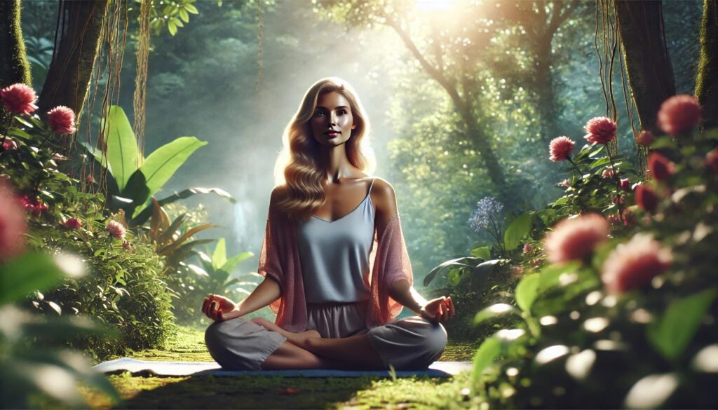 An enhanced, ultra-realistic 4K image of a beautiful woman meditating. She is sitting cross-legged in a serene natural environment with soft sunlight filtering through the trees. Her expression is calm and peaceful, surrounded by lush green foliage and colorful flowers, with a gentle breeze creating a tranquil atmosphere. The image captures the essence of mindfulness and tranquility, with detailed natural surroundings and a dreamy ambiance.