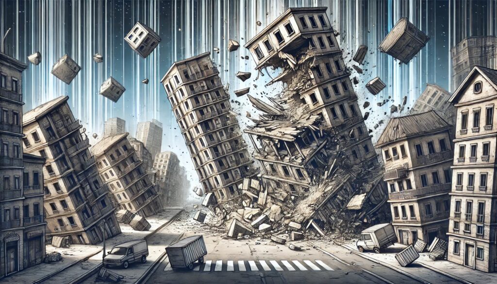 Dramatic illustration showing buildings and structures collapsing due to increased weight without the centrifugal force, with visible signs of structural failure, debris, and dust in the air.