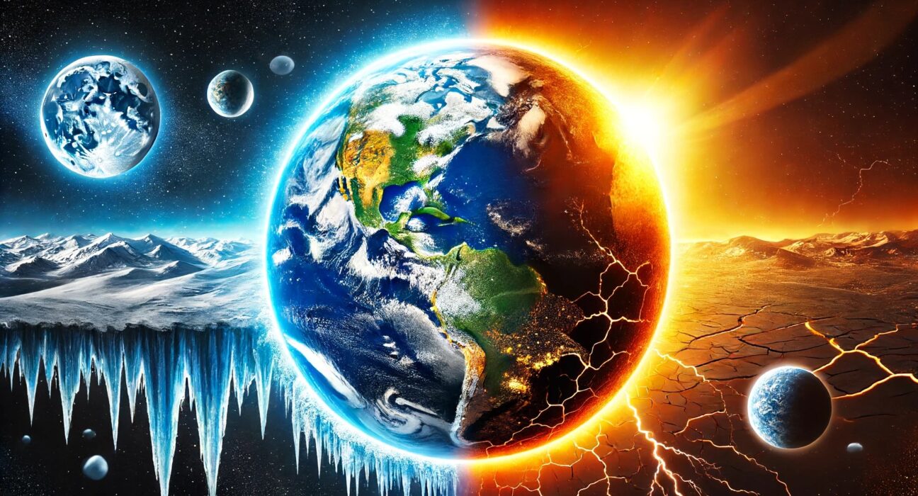 Illustration of Earth with one side in complete darkness and icy cold, while the other side is in bright sunlight and scorching desert, showing the dramatic effects of the planet stopping its rotation.