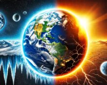 Illustration of Earth with one side in complete darkness and icy cold, while the other side is in bright sunlight and scorching desert, showing the dramatic effects of the planet stopping its rotation.