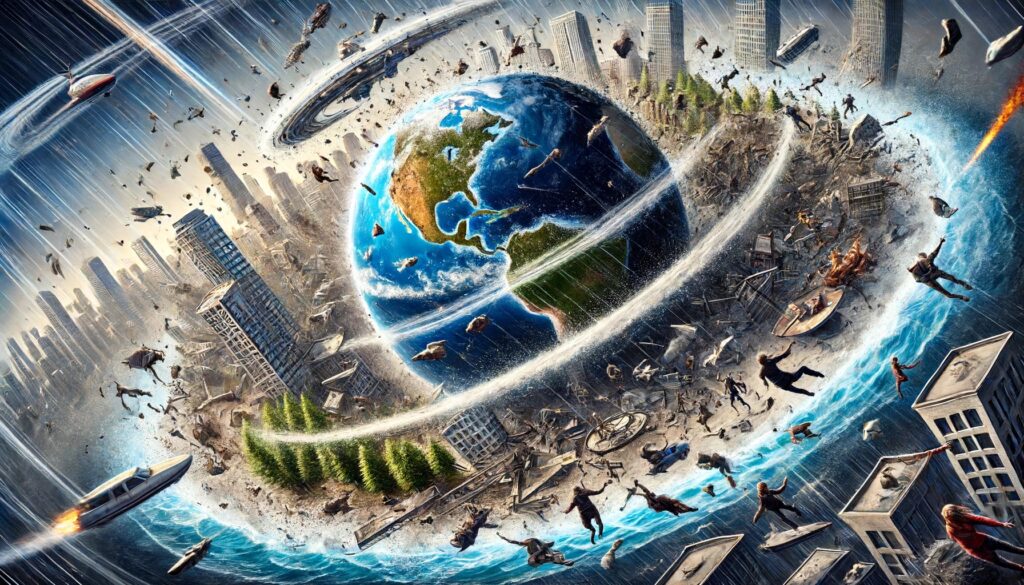 Dramatic illustration showing the moment Earth suddenly stops spinning, with people, buildings, trees, and the sea being flung sideways at high speed, creating a chaotic scene.