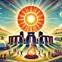 An illustration of the summer solstice featuring a bright sun at its highest point in the sky, with rays extending outward. Below, a scenic landscape includes Stonehenge and people celebrating outdoors with bonfires, dancing, and enjoying the sunny weather under a clear blue sky, capturing the festive essence of the longest day of the year.