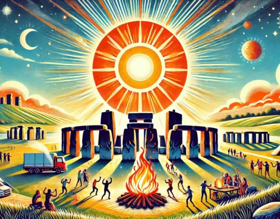 An illustration of the summer solstice featuring a bright sun at its highest point in the sky, with rays extending outward. Below, a scenic landscape includes Stonehenge and people celebrating outdoors with bonfires, dancing, and enjoying the sunny weather under a clear blue sky, capturing the festive essence of the longest day of the year.