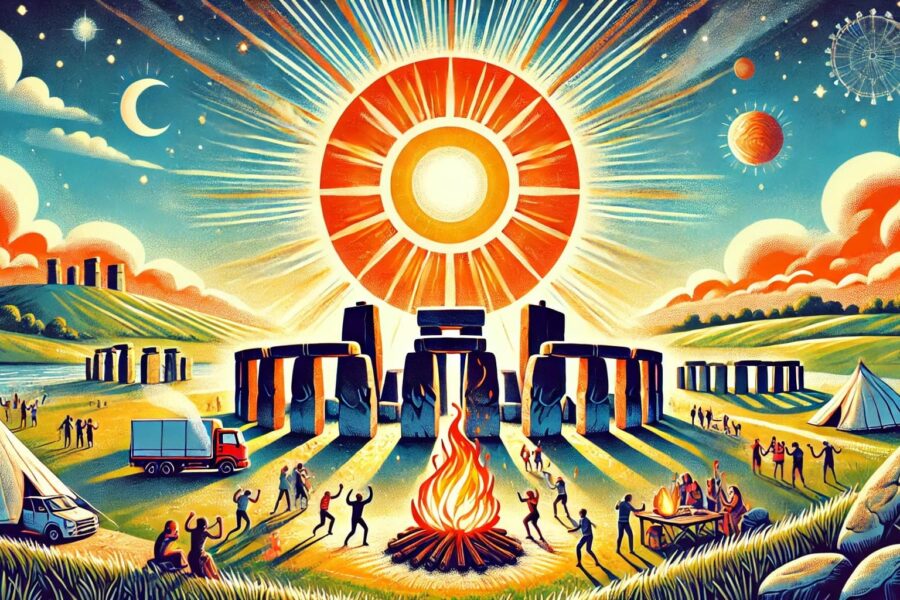 An illustration of the summer solstice featuring a bright sun at its highest point in the sky, with rays extending outward. Below, a scenic landscape includes Stonehenge and people celebrating outdoors with bonfires, dancing, and enjoying the sunny weather under a clear blue sky, capturing the festive essence of the longest day of the year.