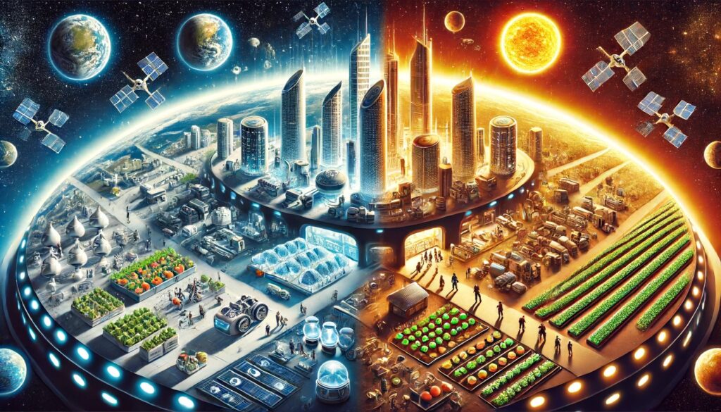 Illustration depicting a futuristic city on a stationary Earth, with one side in perpetual daylight using advanced temperature control and the other side in constant darkness with artificial lighting. People are engaged in daily activities, with hydroponic farms and renewable energy sources visible.