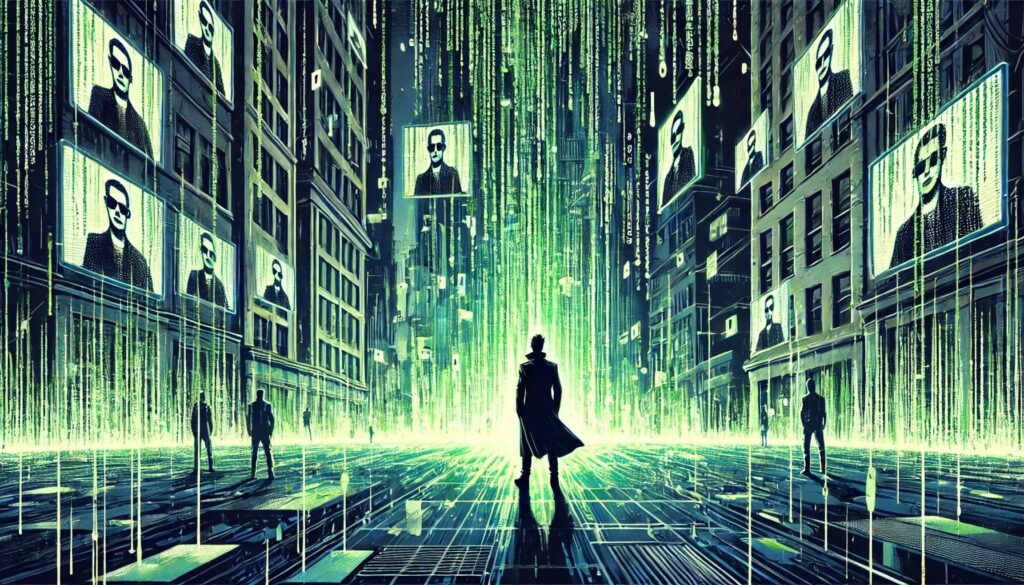 An illustration depicting the Matrix Effect. A person stands in a digital world with cascading green code and glitches, reminiscent of the iconic Matrix movie visuals. The background features a cityscape with duplicated or distorted elements, creating a surreal, simulated environment. The person looks around in confusion, highlighting the sense of reality being manipulated. The color scheme is dark with glowing green and black, enhancing the futuristic and mysterious atmosphere.