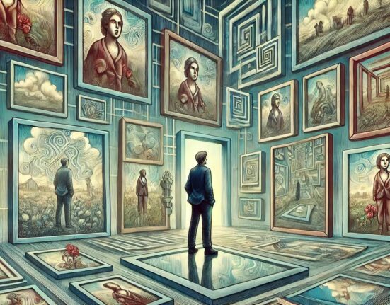 An illustration depicting the concept of déjà vu. A person stands at the center of a dream-like environment with overlapping images of similar, but slightly different, scenes. The person looks puzzled, surrounded by repeating patterns and mirror effects, creating a mysterious and intriguing atmosphere. The colors are subdued with softer, muted tones, enhancing the surreal feel of the scene.