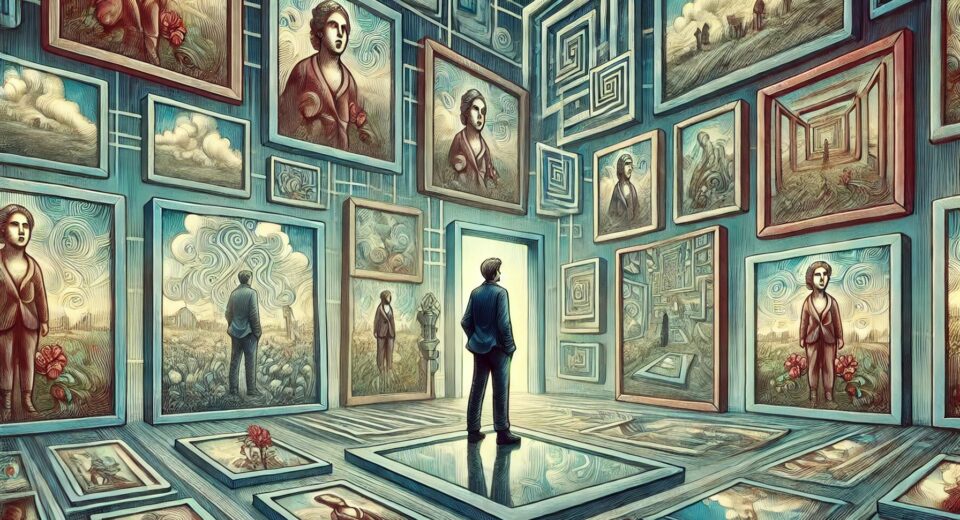 An illustration depicting the concept of déjà vu. A person stands at the center of a dream-like environment with overlapping images of similar, but slightly different, scenes. The person looks puzzled, surrounded by repeating patterns and mirror effects, creating a mysterious and intriguing atmosphere. The colors are subdued with softer, muted tones, enhancing the surreal feel of the scene.