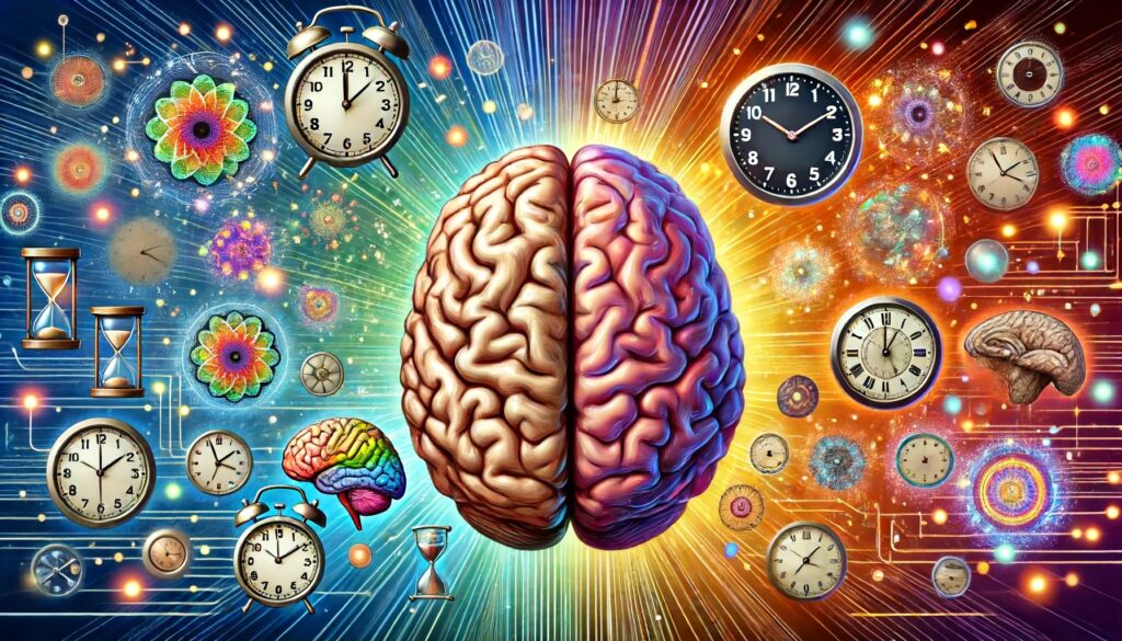 An illustration of the internal clock concept with a human brain highlighting the frontal cortex, basal ganglia, cerebellum, and hippocampus on one side, and various clocks and timers floating on the other side. The background features vibrant colors blending to depict the dynamic nature of time perception.