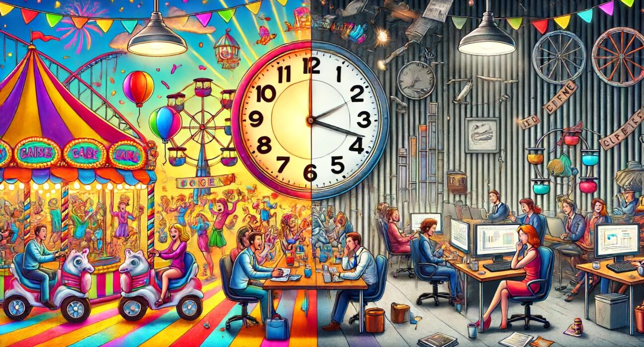 An enhanced illustration showing a vibrant, colorful carnival scene with people enjoying rides, games, balloons, confetti, and a Ferris wheel under bright lights on one side, and a dull, monotonous office setting with people sitting at desks, stacks of paperwork, coffee mugs, and computer screens under dim, flickering fluorescent lights on the other. A large clock in the middle shows its hands moving rapidly on the carnival side and very slowly on the office side, symbolizing the time paradox. The background is divided with vibrant colors on the fun side and grayscale on the boring side.