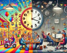 An enhanced illustration showing a vibrant, colorful carnival scene with people enjoying rides, games, balloons, confetti, and a Ferris wheel under bright lights on one side, and a dull, monotonous office setting with people sitting at desks, stacks of paperwork, coffee mugs, and computer screens under dim, flickering fluorescent lights on the other. A large clock in the middle shows its hands moving rapidly on the carnival side and very slowly on the office side, symbolizing the time paradox. The background is divided with vibrant colors on the fun side and grayscale on the boring side.