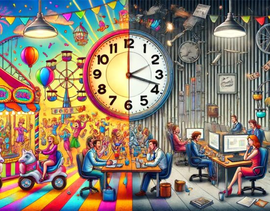 An enhanced illustration showing a vibrant, colorful carnival scene with people enjoying rides, games, balloons, confetti, and a Ferris wheel under bright lights on one side, and a dull, monotonous office setting with people sitting at desks, stacks of paperwork, coffee mugs, and computer screens under dim, flickering fluorescent lights on the other. A large clock in the middle shows its hands moving rapidly on the carnival side and very slowly on the office side, symbolizing the time paradox. The background is divided with vibrant colors on the fun side and grayscale on the boring side.