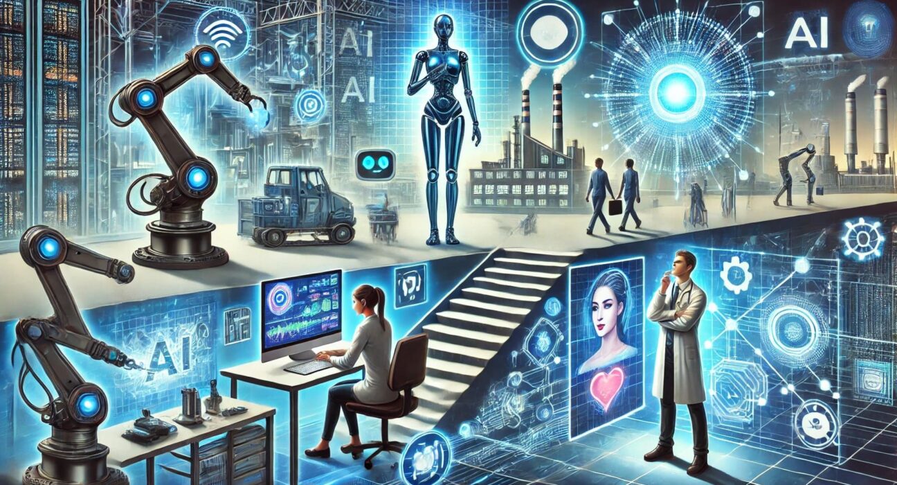 A futuristic scene showcasing the impact of artificial intelligence on various aspects of life. The image features robotic arms working on manufacturing lines, holographic virtual assistants like Alexa or Siri, and a medical professional analyzing complex data on a high-tech screen. In the background, a modern cityscape with integrated smart technologies highlights the integration of AI in urban and professional environments. The style is sleek and modern, with vibrant colors emphasizing the advanced technology.