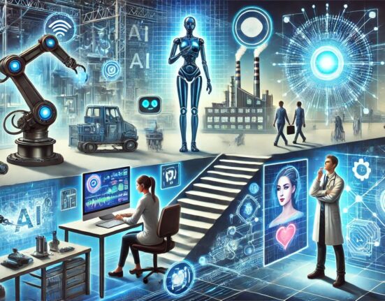 A futuristic scene showcasing the impact of artificial intelligence on various aspects of life. The image features robotic arms working on manufacturing lines, holographic virtual assistants like Alexa or Siri, and a medical professional analyzing complex data on a high-tech screen. In the background, a modern cityscape with integrated smart technologies highlights the integration of AI in urban and professional environments. The style is sleek and modern, with vibrant colors emphasizing the advanced technology.