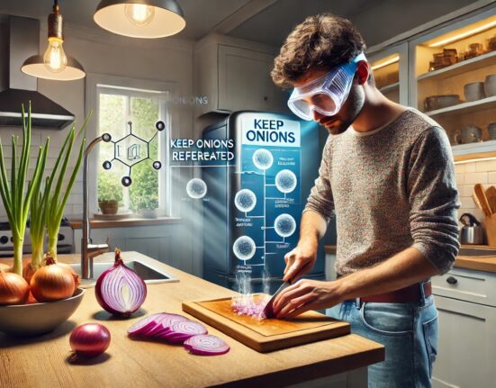 A person cutting an onion on a wooden cutting board in a kitchen, wearing protective goggles and visibly tearing up. The background features a refrigerator with a sign that reads 'Keep Onions Refrigerated' and a running faucet. A scientific diagram of the chemical reaction causing tears overlays the right side of the image, creating an informative and humorous atmosphere.