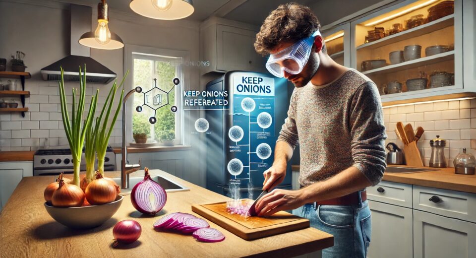 A person cutting an onion on a wooden cutting board in a kitchen, wearing protective goggles and visibly tearing up. The background features a refrigerator with a sign that reads 'Keep Onions Refrigerated' and a running faucet. A scientific diagram of the chemical reaction causing tears overlays the right side of the image, creating an informative and humorous atmosphere.