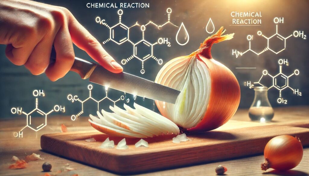 Close-up view of an onion being cut with a knife on a wooden cutting board, with chemical reaction diagrams illustrating tear-inducing compounds in the background.