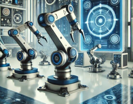 A futuristic technology scene featuring sleek robotic arms, advanced machinery, and mechanical components in a high-tech environment. The image predominantly uses shades of blue, evoking a sense of innovation, trust, and sophistication.